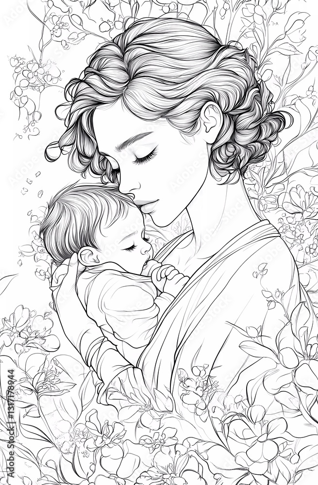 A beautiful young woman with short, curly hair, wearing an elegant robe and holding her baby in the arms of motherhood, surrounded by natural elements