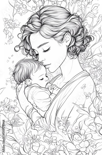 Obraz na płótnie A beautiful young woman with short, curly hair, wearing an elegant robe and holding her baby in the arms of motherhood, surrounded by natural elements w salonie