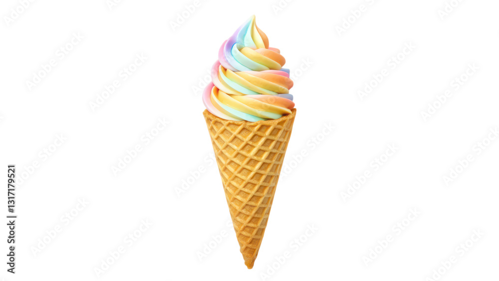 Rainbow swirl soft serve ice cream in waffle cone, delicious treat Rainbow swirl soft serve ice cream in waffle cone, delicious treat