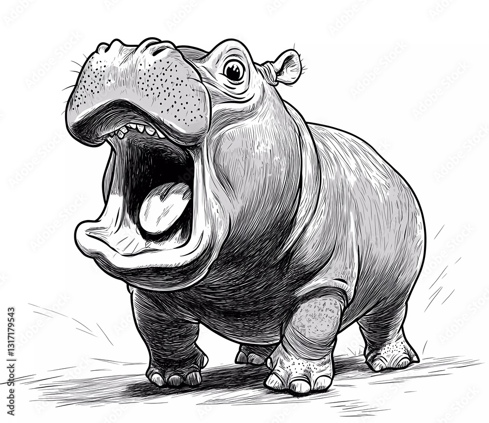 A cute cartoon hippopotamus with an open mouth, a simple black and white coloring page for kids aged 2 and up, with thick lines,
