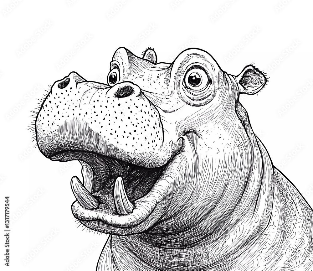 A cute cartoon hippopotamus with an open mouth, a simple black and white coloring page for kids aged 2 and up, with thick lines,