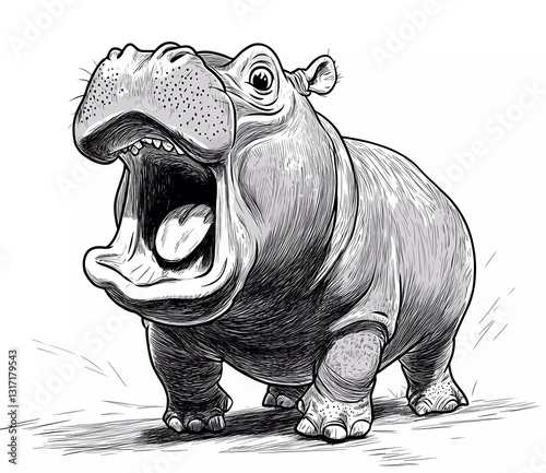 Obraz na płótnie A cute cartoon hippopotamus with an open mouth, a simple black and white coloring page for kids aged 2 and up, with thick lines, w salonie