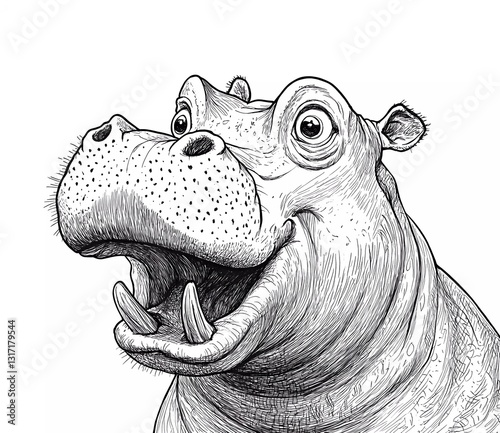 Obraz na płótnie A cute cartoon hippopotamus with an open mouth, a simple black and white coloring page for kids aged 2 and up, with thick lines, w salonie