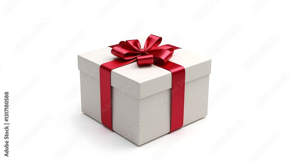 A Pristine White Gift Box Adorned With A Vibrant Crimson Ribbon, A Symbol Of Anticipation And Joy, Perfectly Presented Against A Clean White Background A Pristine White Gift Box Adorned With A Vibrant Crimson Ribbon, A Symbol Of Anticipation And Joy, Perfectly Presented Against A Clean White Background