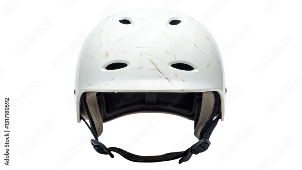 Fototapeta premium white water rafting helmet with scratches, showing signs of use and adventure