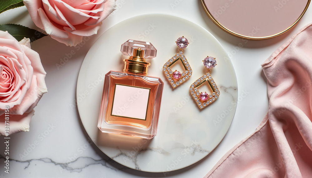 Perfume bottle with elegant earrings and pink roses on a round marble plate