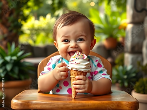 A baby eating an ice cream. Created with Generative AI technology