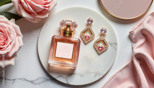 Obraz na płótnie Perfume bottle with elegant earrings and pink roses on a round marble plate w salonie