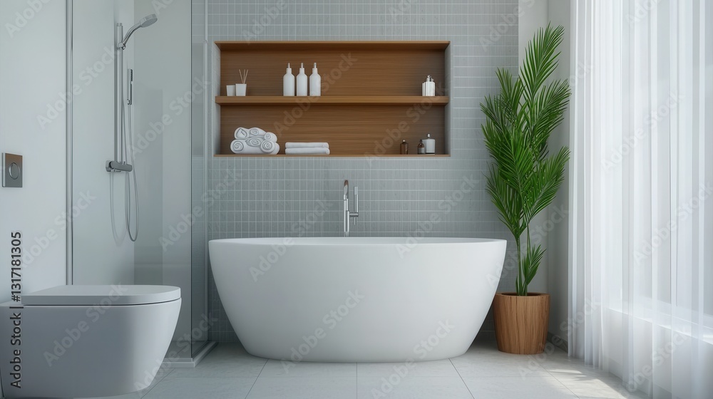 Obraz premium Modern Minimalist Bathroom with Bathtub and Shower Space