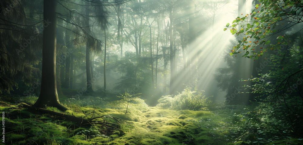 Obraz premium A tranquil forest landscape bathed in sunlight, where rays filter through the leafy green canopy, creating a serene and calming atmosphere.