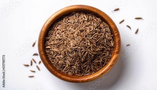 wooden bowl filled with cumin seeds top down view white backdrop showcasing rustic spice texture and warm brown coloring