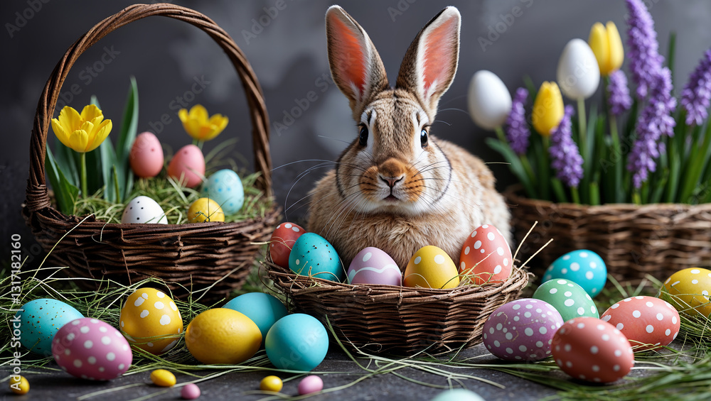 Easter bunny relaxing among colorful eggs and spring flowers Easter bunny relaxing among colorful eggs and spring flowers