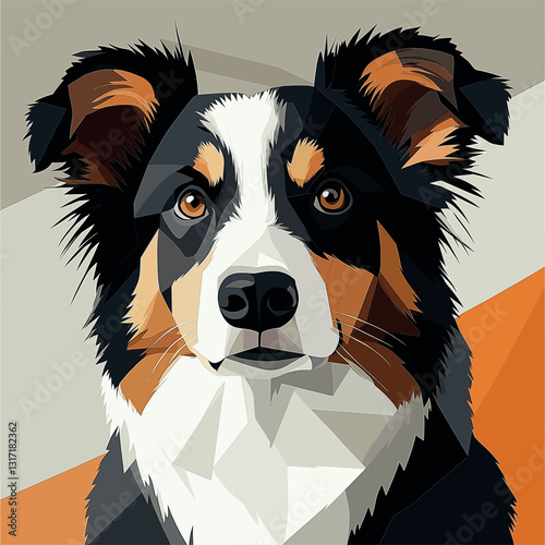 whimsical border collie, mid century art design grey beige and orange, 2d flat vector illustration