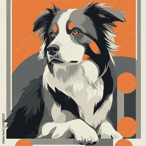 whimsical border collie, mid century art design grey beige and orange, 2d flat vector illustration
