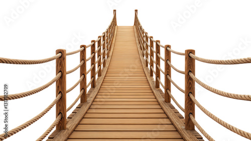 wooden suspension bridge with rope railings leading into distance