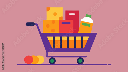 Shopping Cart Excess A shopping cart overflowing with packaged food items including items that are still sealed while a small pile of misp items sits outside the cart signifying