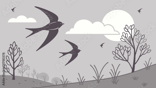 swallows in a gray sky 