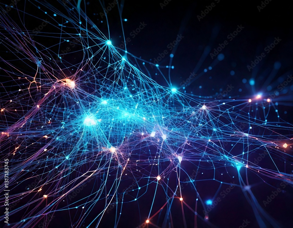 Obraz premium Neural network visualization with glowing connections and nodes, dark background, futuristic tech theme, and space for text overlay