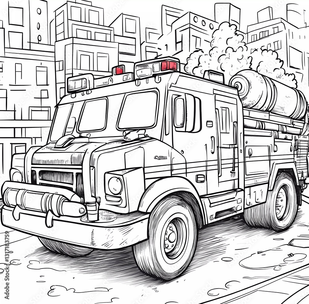 Cute cartoon fire truck with a water hose, in a simple black and white vector style for a coloring book, on a city street background