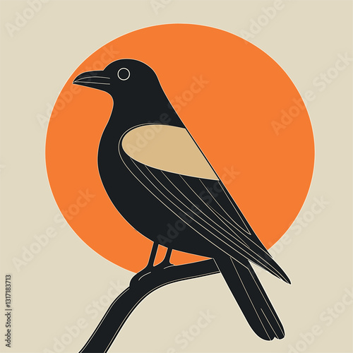 whimsical crow, mid century art design grey beige and orange, 2d flat vector illustration, 