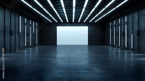 Dark Industrial Warehouse Interior With Bright Blue Lights And Metallic Walls And Large Empty Space In The Center Ideal For Product Placement Or Presentations