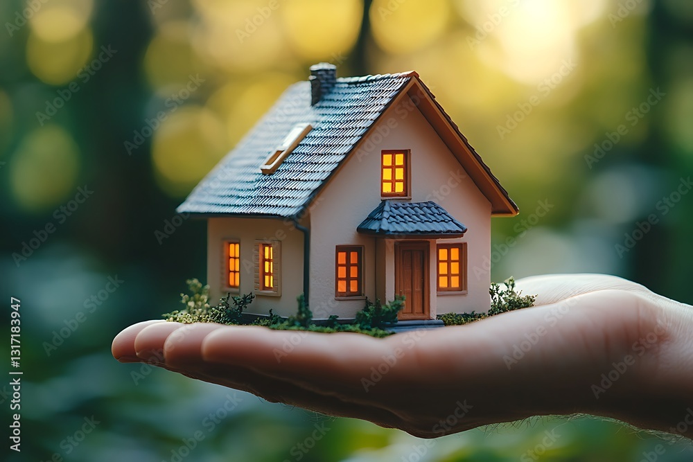 Small house model in hand, sunset. Small house model in hand, sunset.