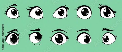 Ten Stylized Cartoon Eyes with Varied Expressions on Pale Green Background