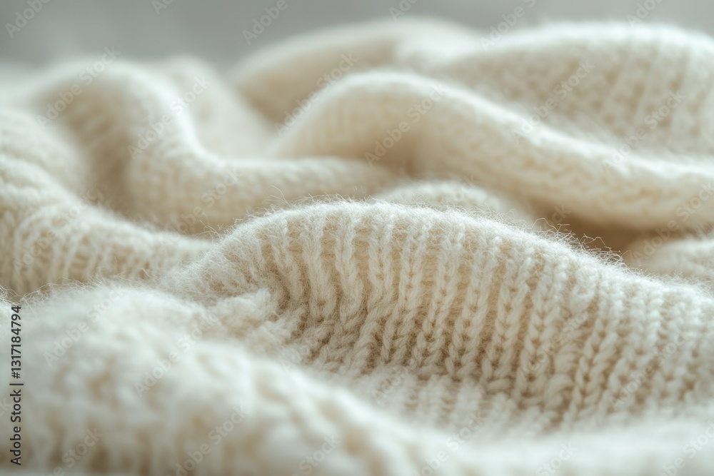 Close-up of soft, creamy-white knitted fabric, showcasing its texture and warmth. Close-up of soft, creamy-white knitted fabric, showcasing its texture and warmth.