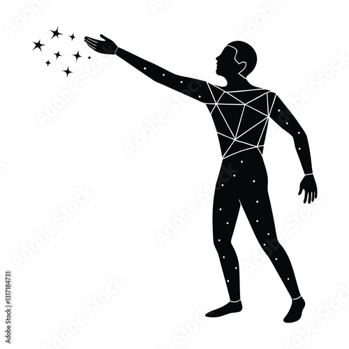 Silhouette of a person reaching for stars with geometric patterns and dots on body. VR Head Set.