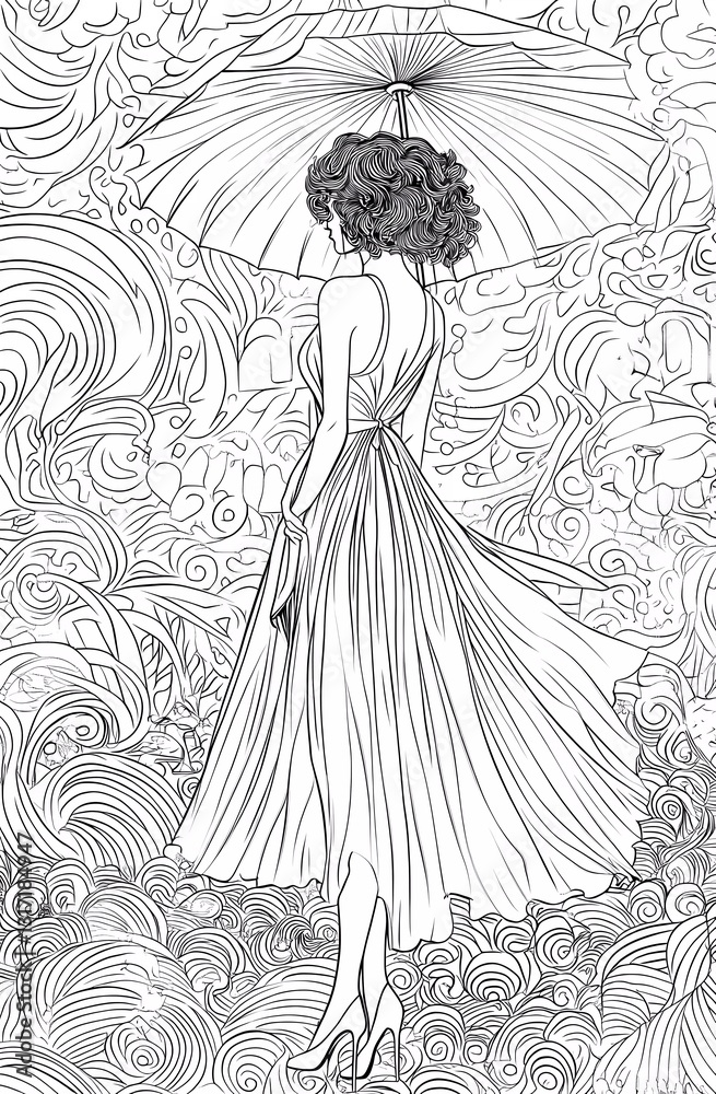Coloring page of an attractive woman with short curly hair wearing a long dress, standing in the rain, surrounded by a patterned background.