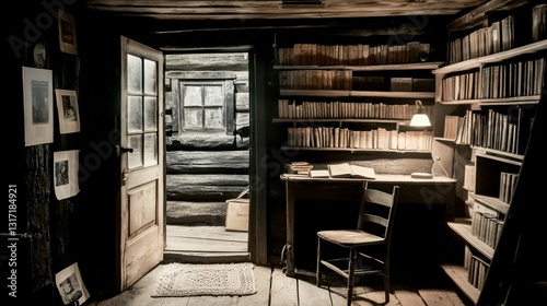 Rustic Log Cabin Study with Bookshelves and Desk