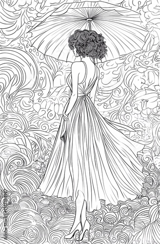 Obraz na płótnie Coloring page of an attractive woman with short curly hair wearing a long dress, standing in the rain, surrounded by a patterned background. w salonie
