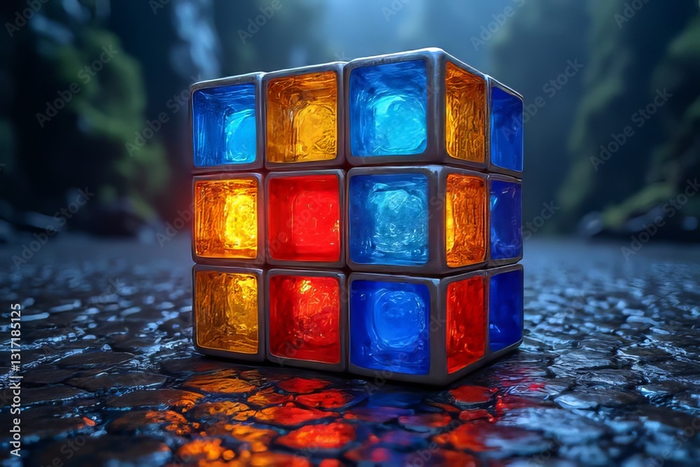 Fototapeta premium Colorful Glass Cube Puzzle on a Stone Surface