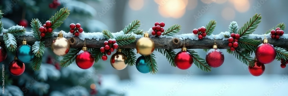 Obraz premium A Christmas garland of colorful ornaments is draped over a wooden branch against a snowy backdrop, berries, winter ornament garland wooden branch