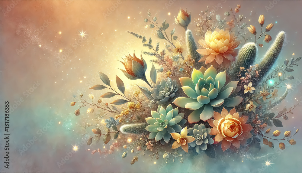 Fototapeta premium A fairytale background wallpaper consisting of succulents and yellow roses with empty space for text