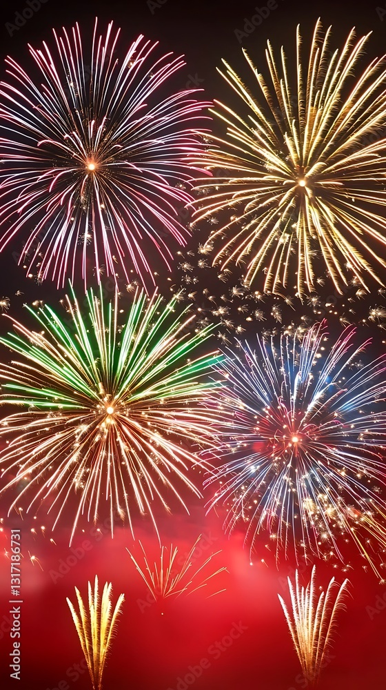 A bright red backdrop with fireworks shooting across the sky, bursting in brilliant colors. The fireworks' colorful trails create a dynamic and exciting visual effect against the red background. A bright red backdrop with fireworks shooting across the sky, bursting in brilliant colors. The fireworks' colorful trails create a dynamic and exciting visual effect against the red background.
