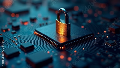 Cybersecurity concept depicting a padlock on top of a microchip board, symbolizing protection, safety, and secure connections in the digital world photo