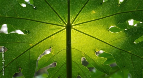 Green Papaya Leaf Illuminated with Sunlight Showing Veins and Texture