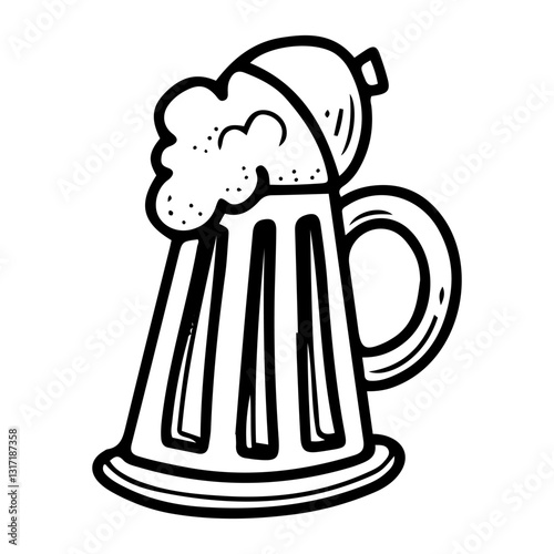 Metal beer mug. Hand drawn doodle. Alcoholic malt drink. Foamy beverage. Vector line art illustration.