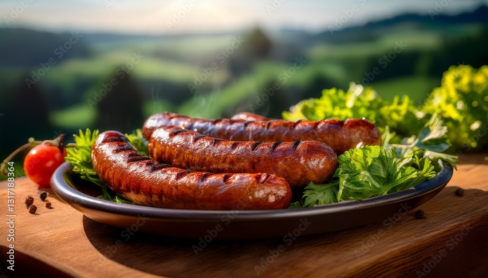 grilled artisanal sausages with fresh greens showcasing a flavorful barbecue feast outdoors grilled artisanal sausages with fresh greens showcasing a flavorful barbecue feast outdoors