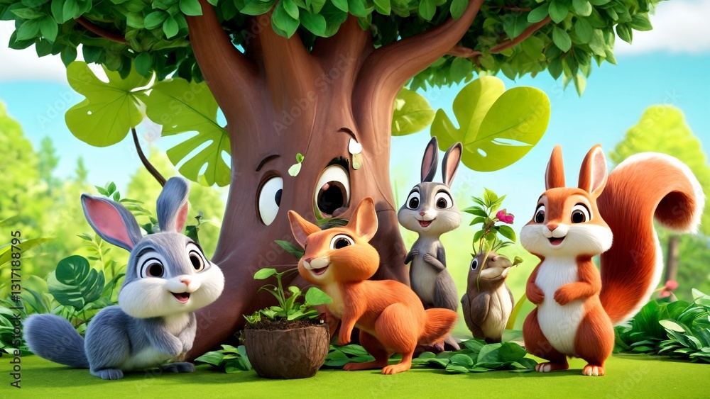 Fototapeta premium A group of squirrels standing in front of a tree.