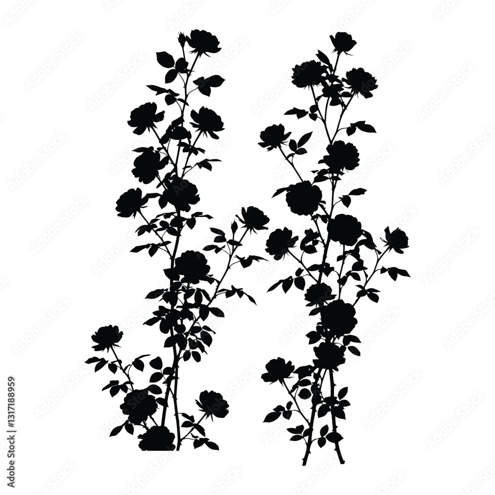 Naklejka premium Silhouette of Rose Flower tree with leaves beautiful look vector illustration art, white background