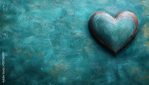 Teal textured background with wooden heart.
