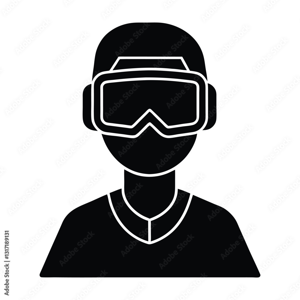 A person wearing vr headset and shirt with collar in black and white silhouette. VR Head Set. A person wearing vr headset and shirt with collar in black and white silhouette. VR Head Set.