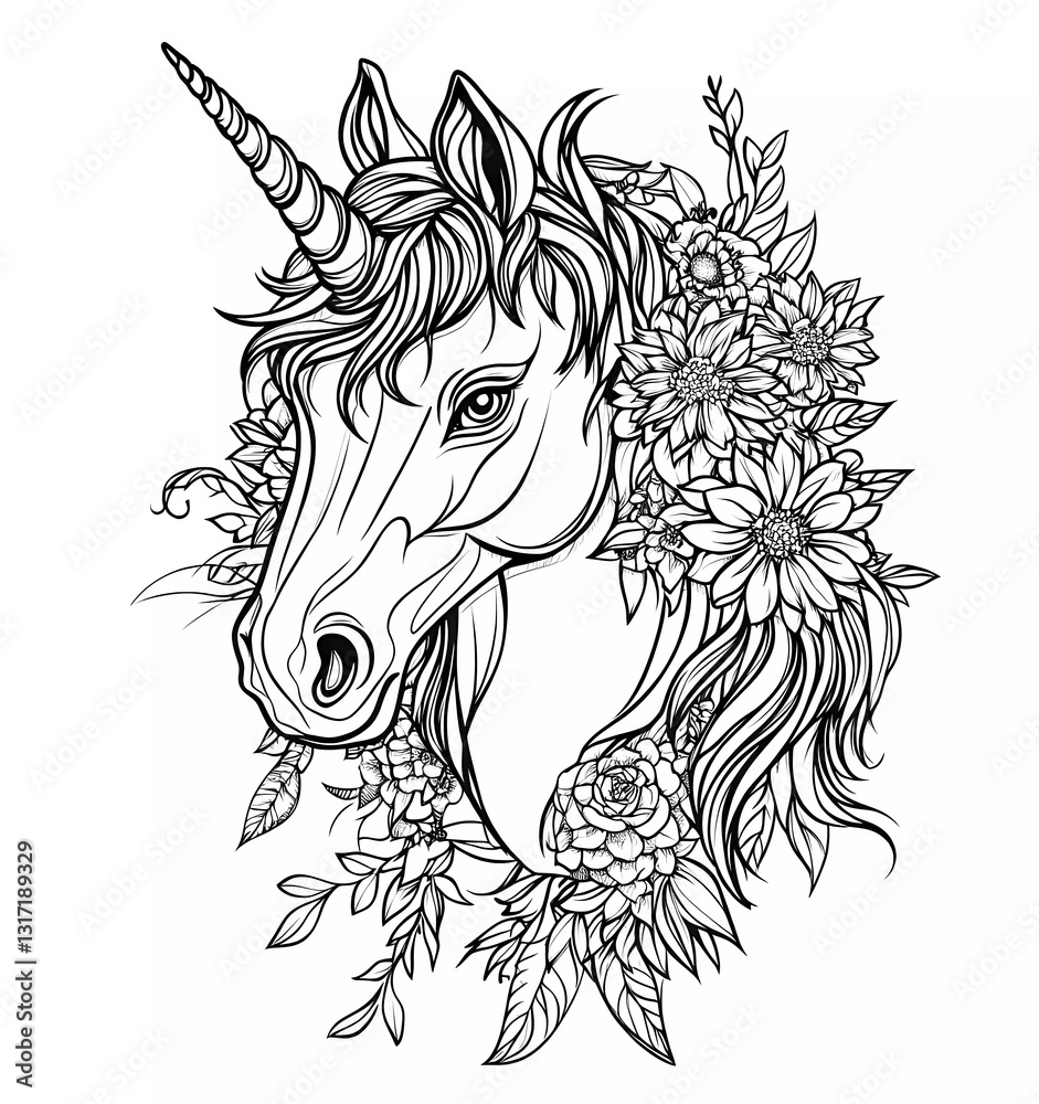 Unicorn head with flowers, mandala-style, vector illustration for a coloring book. Black and white simple line art on a pure, clean background