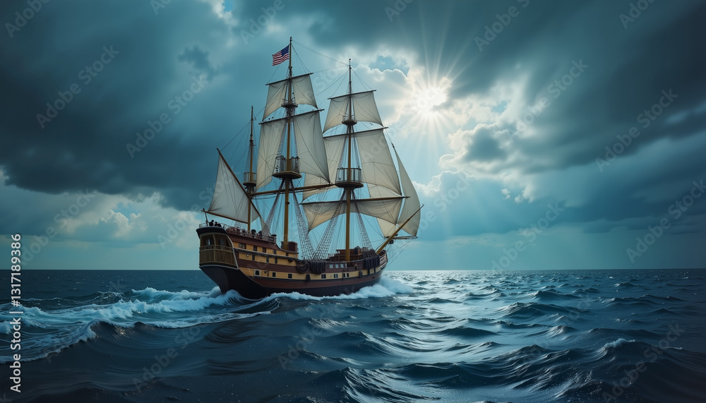 Obraz premium Pirate ship navigating stormy seas, adventure and bravery