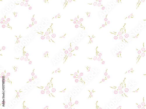 Cute pink small daisy flower with green leaves, branch bloom, floral ditsy seamless pattern for girl and woman dress, fashion fabric print textile, spring easter vibe, summer art. Vector illustration
