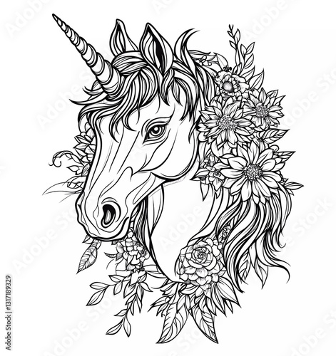 Obraz na płótnie Unicorn head with flowers, mandala-style, vector illustration for a coloring book. Black and white simple line art on a pure, clean background w salonie