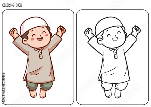 A cheerful muslim boy jumps with excitement in an engaging and creative coloring book page for children