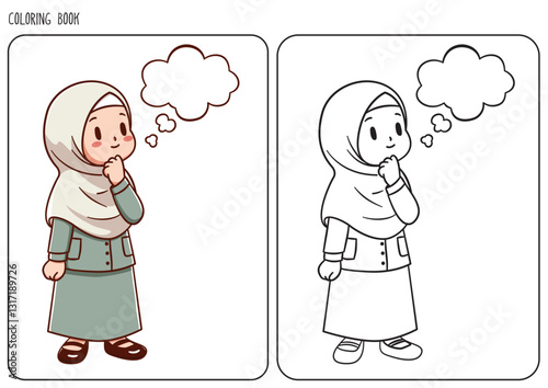 Illustration of a muslim girl in hijab outfit thinking, with a blank speech bubble. Includes colored and line drawing versions, perfect for children's coloring books and educational purposes
